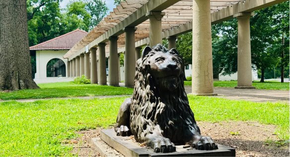 Lion statue and pergola in Central Park, Old Louisville