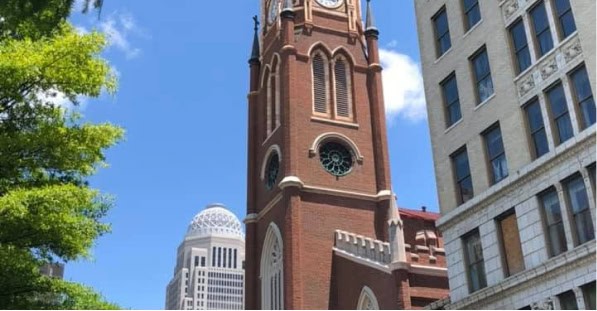 Cathedral of the Assumption spire in downtown Louisville at night