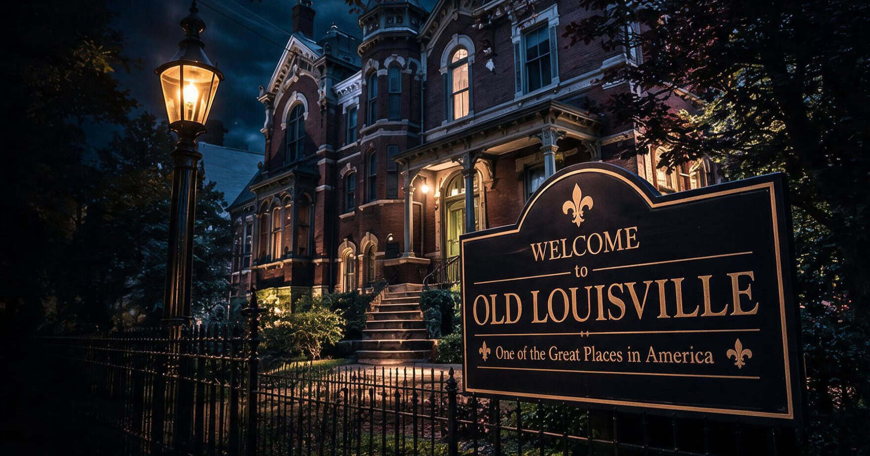 Louisville paranormal investigation tours begin at this illuminated Welcome to Old Louisville sign at night