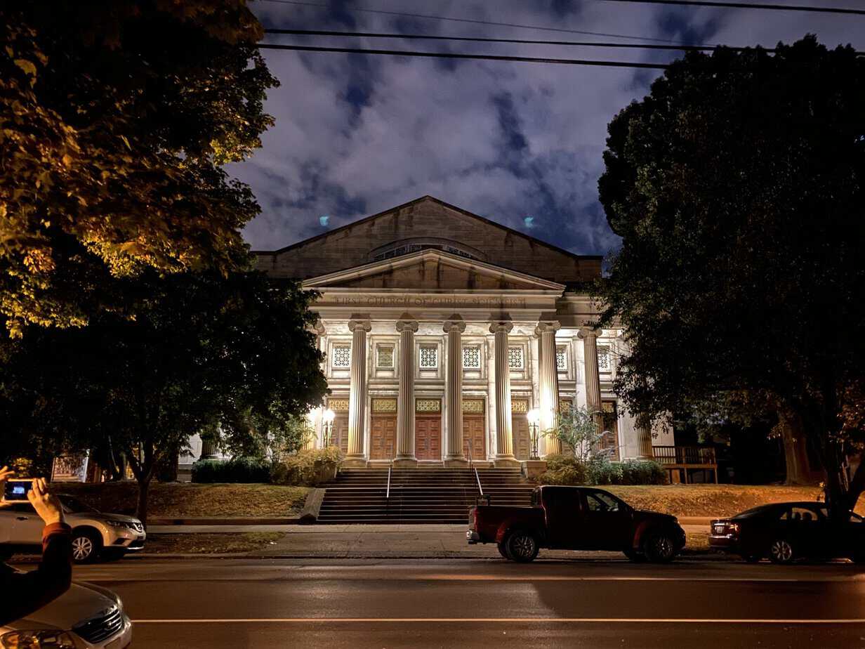 Halloween events in Louisville KY: First Church of Christ, Scientist lit at night on the Old Louisville Ghost Tour route.